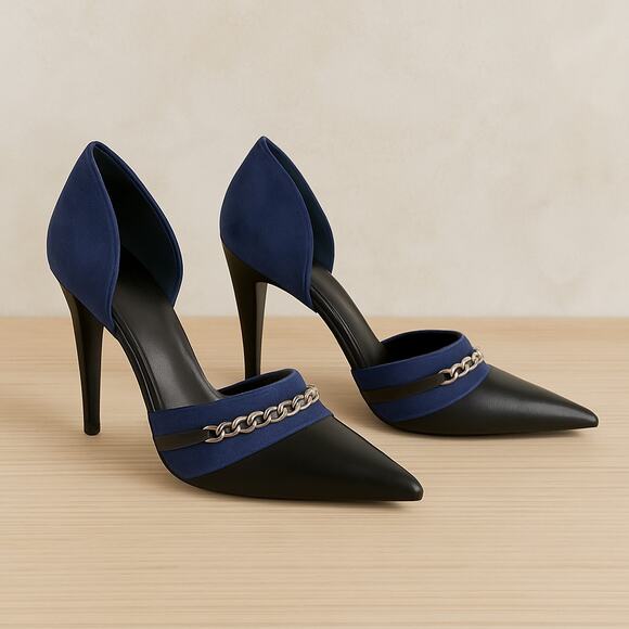 Jenni Kayne D'Orsay Suede Leather Chain Detail Pumps Black Blue 39 $595 - Picture 1 of 11